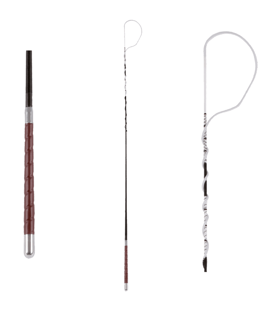 Zweep met gebogen top en leren handvat